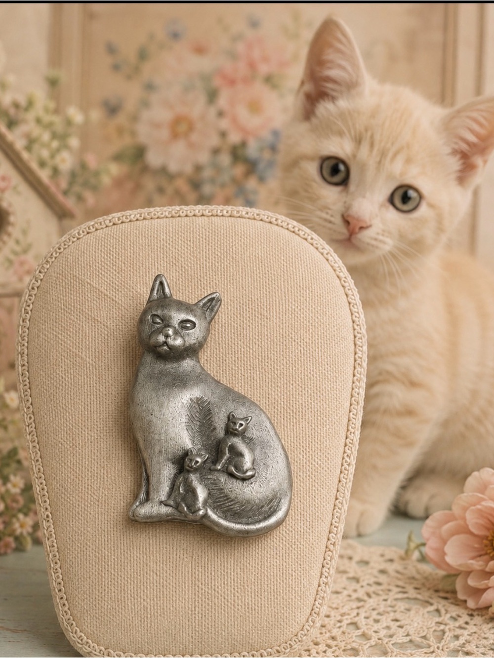 Brooch & Earrings Pewter Cat Family Silver Set Whimsical Cat Lover
